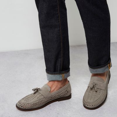 Grey woven leather loafers